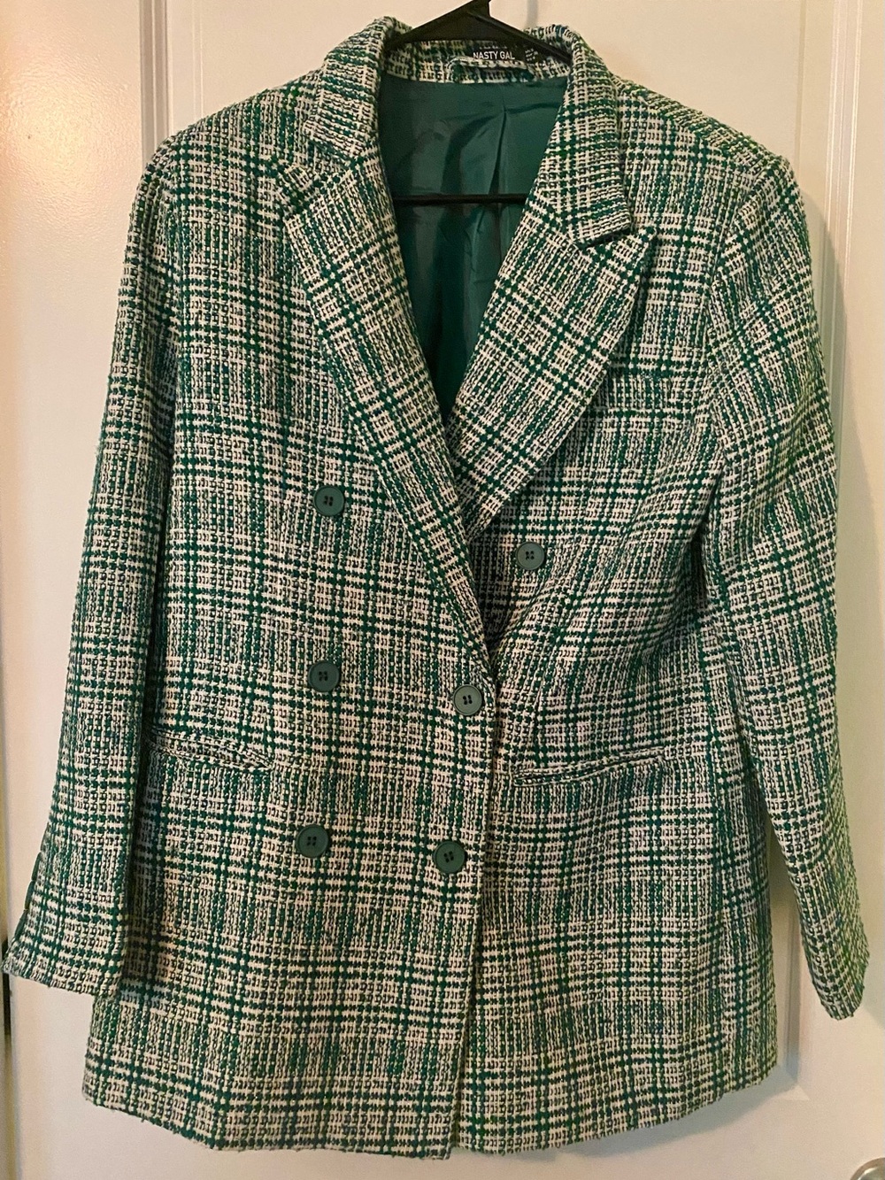 Nasty Gal Green and White Plaid Double-Breasted Blazer